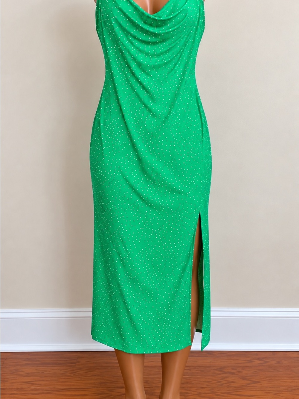 Emerald Cowl-Neck Midi Slip Dress with Side Slit